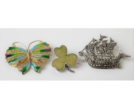 925 silver filigree &amp; enamel butterfly brooch, width 35mm; together with a silver &amp; marcasite set three-masted ship b