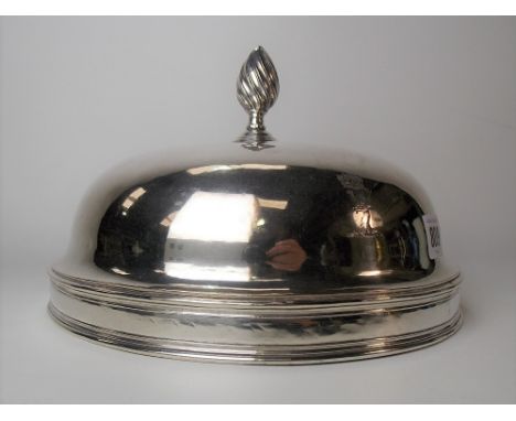 19th Century white metal circular dish cover with wrythen fluted finial &amp; engraved Earls coronet over a stag head crest, 