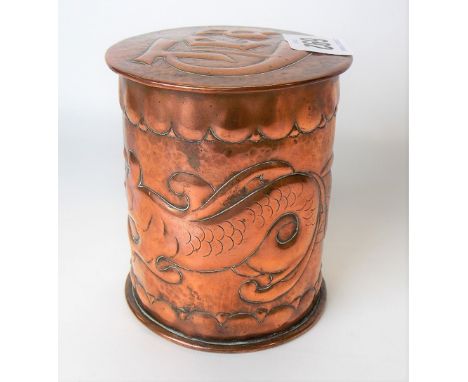 Newlyn copper Arts and Crafts 'Tea' caddy, of lidded cylindrical section, the lid inscribed 'Tea', the body embossed with a s