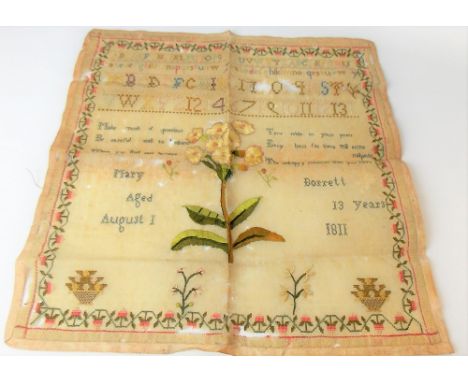 George III silk stitch sampler with alphabet and verse and central large flower by Mary Borrett aged 13 years, August 1 1811,