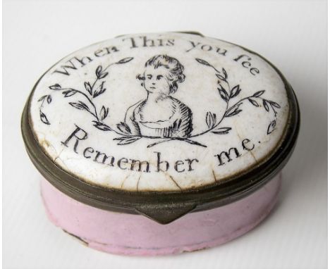 18th Century South Staffordshire enamel on metal oval patch box, the black printed lid printed with the bust of a woman and i