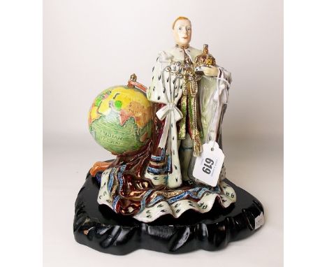 1930's pottery group modelled as Edward VIII in Coronation robes standing next to a terrestrial globe, upon ebonised stand, h