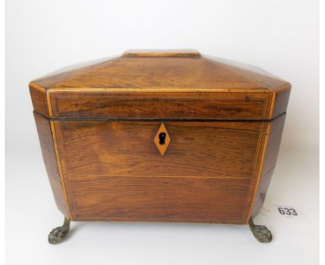 George III rosewood boxwood strung tea caddy, rectangular with canted corners, the hinged lid revealing two tea compartments 