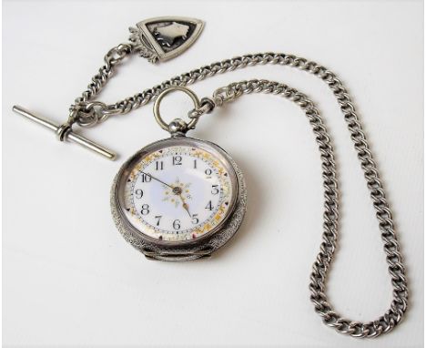 935 silver case ladies foliate engraved pocket watch with 30mm white enamel dial with Arabic Numerals &amp; silver &amp; gilt