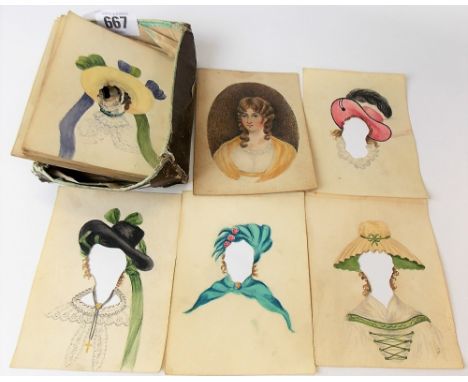 Early 19th Century watercolour paper doll, the 26 paper dolls with main portrait card of a young woman and then 25 interchang
