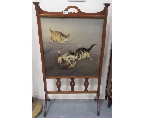 Edwardian walnut frame fire screen with Chinese silk painted panel depicting three kittens, height 102cm
