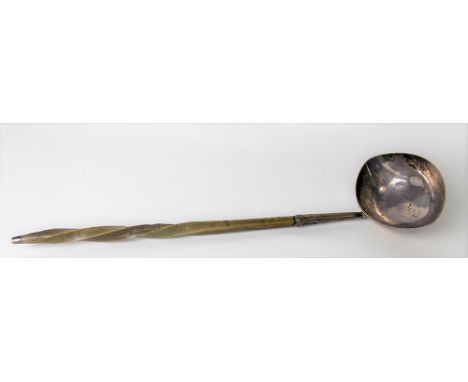 George III silver toddy ladle, with oval bowl and twisted baleen handle, length 32.5cm, hallmarks rubbed.