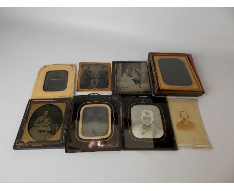 Collection of six Victorian Ambrotype and Daguerreotype portrait photographs, an American portrait calling card and a folding