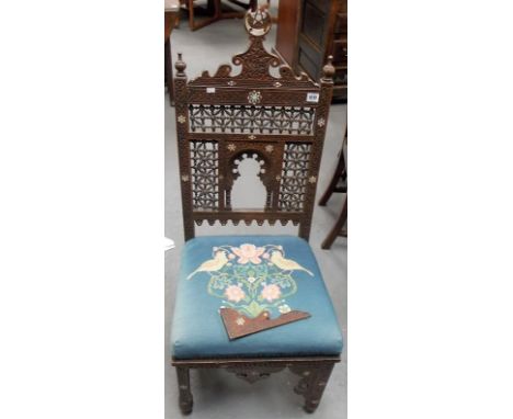 19th Century Middle Eastern carved hardwood &amp; mother of pearl inlaid chair, the back with star &amp; crescent moon finial