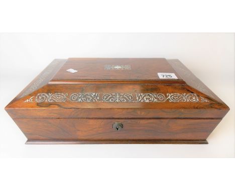 Victorian rosewood mother of pearl inlaid sarcophagus form workbox, the caddy top hinged to reveal an ivory sadeli ware fitte