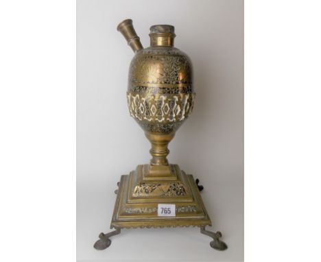 Persian brass pedestal hookah with black enamel &amp; foliate engraved on a square stepped base, height overall 38cm