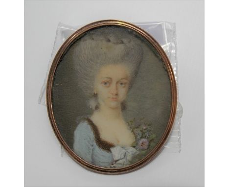 18th Century portrait miniature on ivory of a young woman, within rose gold frame (untested), indistinctly inscribed to the b