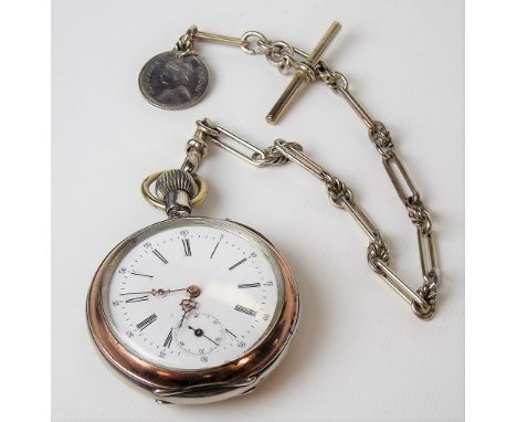 800 white metal &amp; gold plated crown wind pocket watch, the 38mm white enamel dial with Roman Numerals &amp; subsidiary se