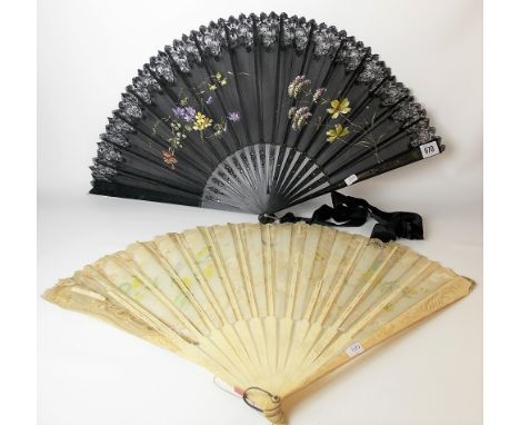 19th Century bone stick fan with lace and silk butterfly and flower painted fan (AF); together with an ebony black lace and s