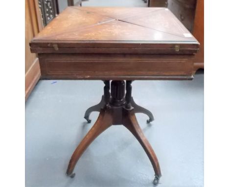 Edwardian rosewood marquetry &amp; string inlaid envelope pedestal card table, the four-section top with foliate scroll inlay