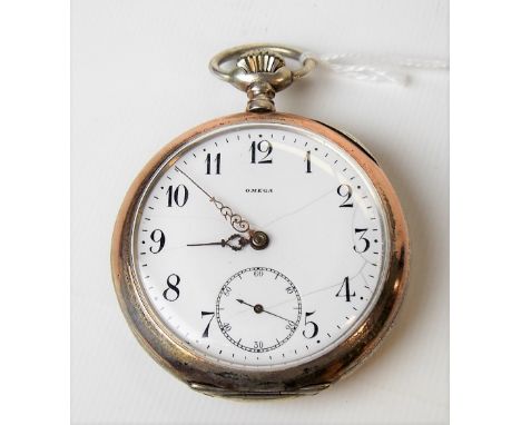 Omega 800 white metal cased crown pocket watch with 42mm white enamel dial with Arabic Numerals &amp; subsidiary seconds dial