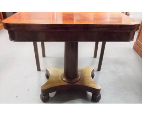 19th Century mahogany card table with swivel hinged top with baize inset over a plain cylindrical pedestal quadraform plateau