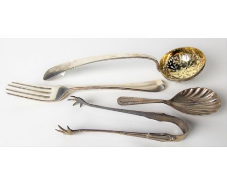 Silver sifter spoon with gilt interior bowl (hallmarks rubbed); together with a modern caddy spoon with shell bowl, a pair of