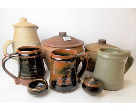 Collection of St Ives Leach Studio Pottery standard wares, including three mugs, two condiment pots, two lidded tureens and a