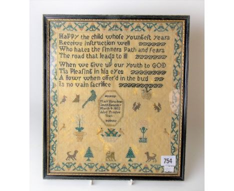 George III woolwork sampler with verse 'Happy the childs whose younger years receive instruction well who hate the sinner's p