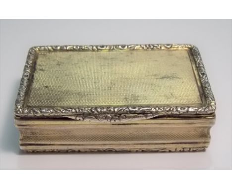 Good George IV Scottish silver gilt engine turned hinge-lidded snuff box with foliate cast borders, maker CAW, Edinburgh 1828