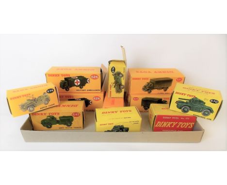 Collection of eleven Dinky Toys boxed diecast military vehicles, two with replacement printed boxes, including 2x no. 626 mil