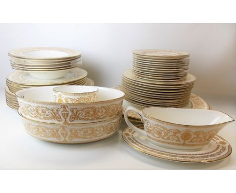 Royal Worcester 'Hyde Park' pattern dinnerwares, including an oval serving dish, circular serving dish, gravy boat and stand,