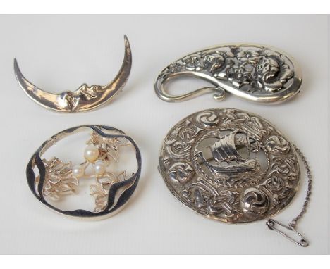Four silver hallmarked brooches, including a Celtic annular brooch cast with rose amongst knots and a ship, weight 1.75oz app