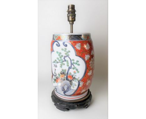 Early 20th Century Japanese Imari table lamp base of unusual cylindrical squashed form &amp; on carved hardwood base, decorat