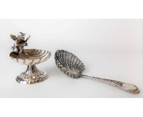 19th Century silver filigree caddy spoon with shell bowl; together with a modern 925 silver scallop shell miniature pedestal 
