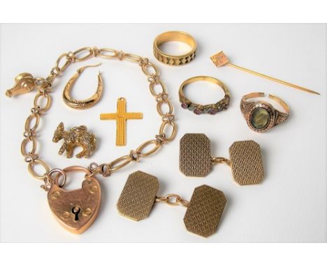 Collection of 9ct gold jewellery, including a pair of engine turned cufflinks, bracelet with 15ct gold lock, etc, weight 32.1