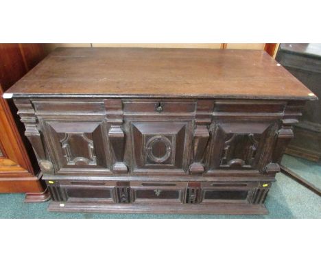Late 18th/early 19th century mule chest, three panel front with deep architectural mouldings, part escutcheon for the top rem