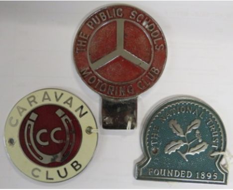 Three car badges  - Caravan Club in chromium and enamel, National Trust, and The Public Schools Motoring Club numbered H3013