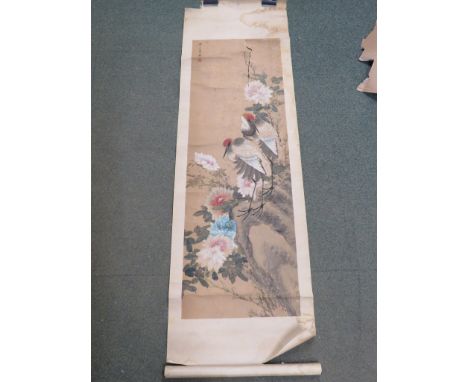 Chinese scroll painting, two birds and flowering branches, seal mark and signature, woven silk border, height of painting hei