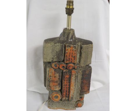 Rooke pottery slab table lamp, moulded with rectangles and circles and abstract pattern, grey glaze on ochre pottery, impress