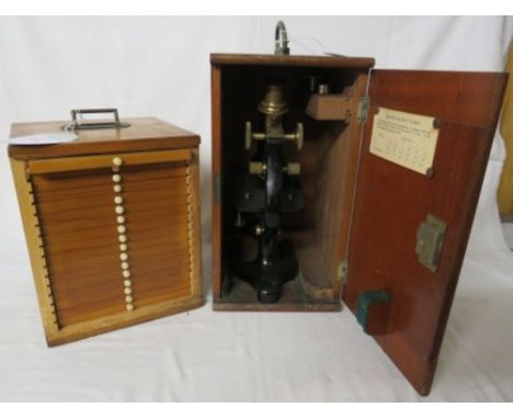 Microscope and slides - a brass and black enamel compound microscope marked W R Prior &amp; Co 8-11 Eagle St London W1 and nu