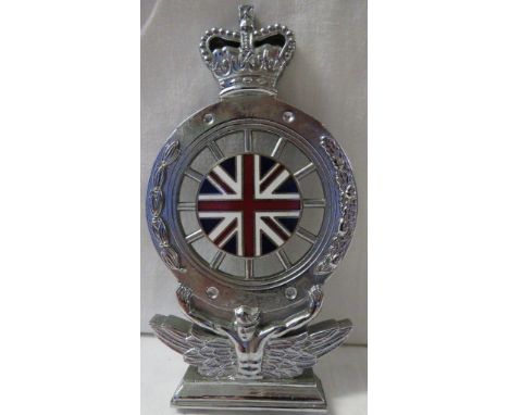 Royal Automobile Club 1897-1997 Centenary badge, nickel plate spoked wheel with wreath, raised on winged figure and surmounte