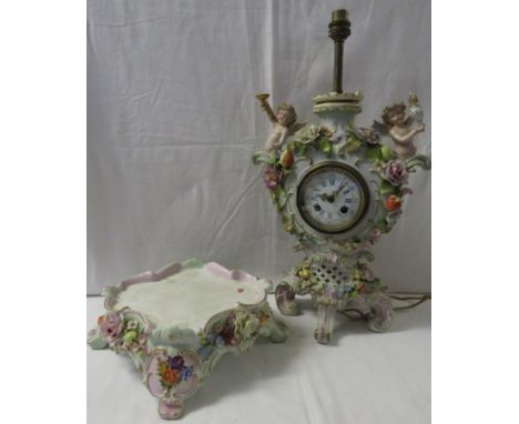 Meissen style Berlin porcelain table clock mounted with an electric lamp, painted and encrusted with fruit and foliage and mo