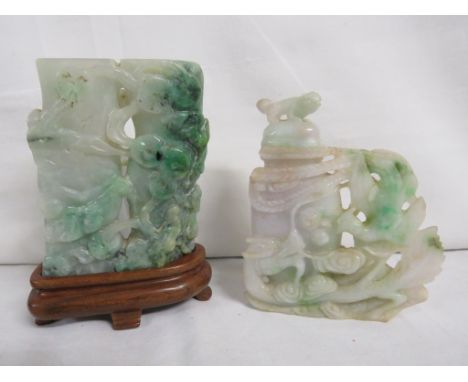 Carved jade type double-stem vase of flattened form with foliage, with hardwood base, height excluding base 9cm, width 7.5cm,