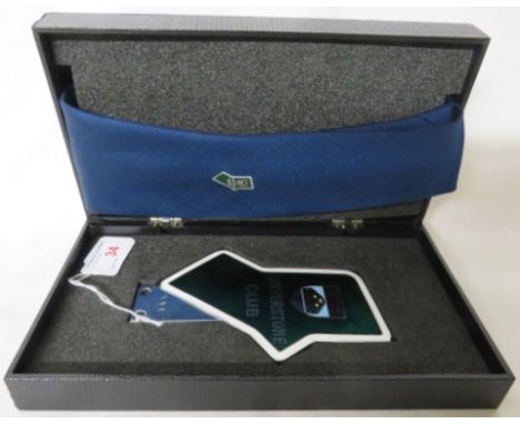BRDC box set of tie and badge - British Racing Drivers Club Silverstone Club chromium and colour enamel badge numbered 991, a
