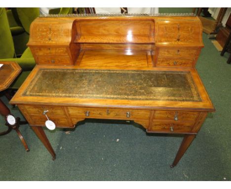 Victorian Sheraton revival ladies writing desk, satinwood with ebony and boxwood stringing, the top with a brass gallery, ope