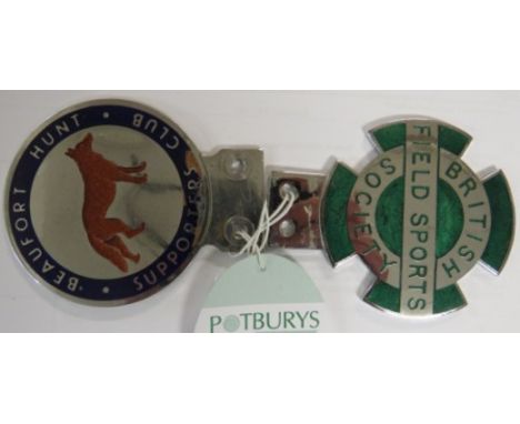 British Field Sports Society badge, chromium and green enamel, and a Beaufort Hunt Supporters Club badge, chromium and blue a