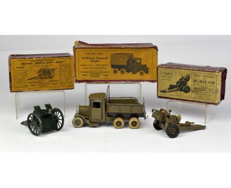 Three Britain's military vehicles, comprising No. 1725 4.5" Howitzer, No. 1201 RA Gun, and No. 1432 Army Covered Lorry 10-whe
