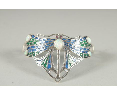 A SILVER OPAL RUBY PLIQUE ENAMEL, DRAGONFLY BANGLE.