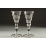 A GOOD PAIR OF WINE GLASSES engraved "THE GLORIOSE MEMORY OF KING WILLIAM.on horseback & "NO