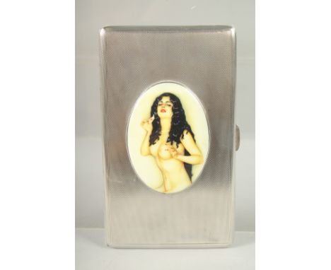 AN ENGINE TURNED SILVER CIGARETTE CASE. Birmingham, 1946 with an nude with long hair.