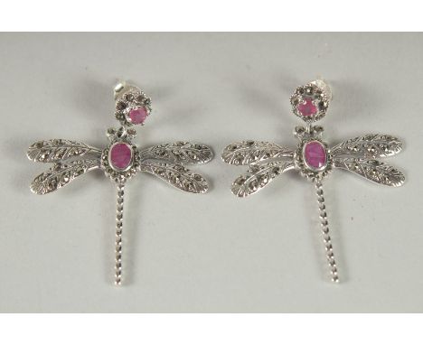 A PAIR OF SILVER, RUBY, AMETHYST, DRAGONFLY EARRINGS.