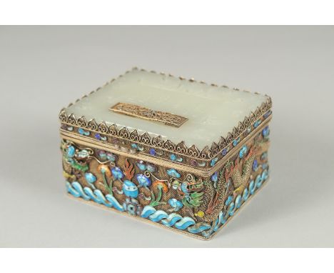 A FINE 19TH CENTURY CHINESE JADE INSET GILT SILVER BOX the hinged lid with inset mirror, the box with  fine polychrome cloiso