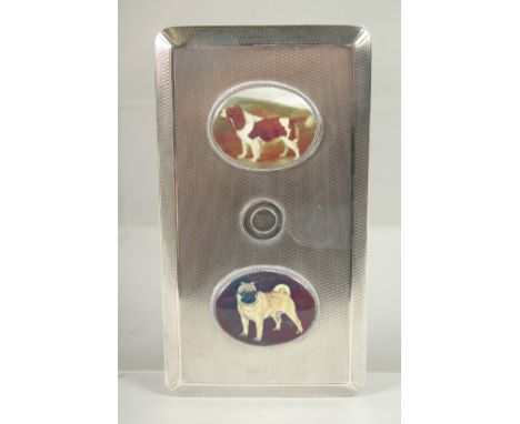 AN ENGINE TURNED SILVER CIGARETTE CASE. London, 1923 the lid with a pair of ovals of dogs.