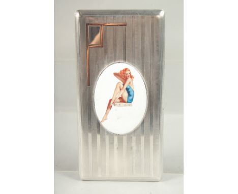 AN ENGINE TURNED SILVER CIGARETTE CASE. Sheffield 1958 with a glamour girl.